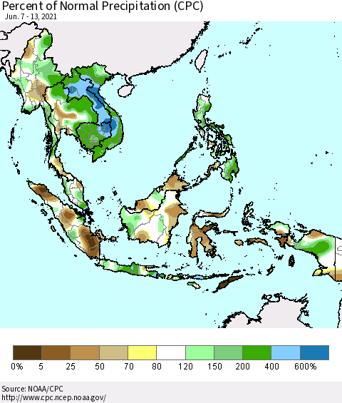 South East Asia Percent of Normal Precipitation (CPC) Thematic Map For 6/7/2021 - 6/13/2021