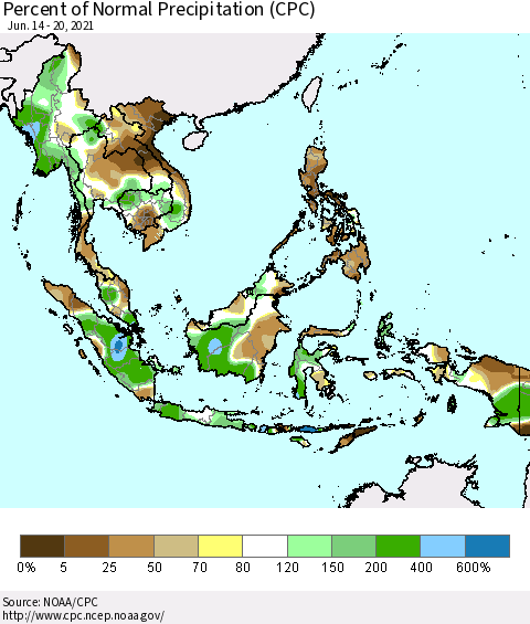 South East Asia Percent of Normal Precipitation (CPC) Thematic Map For 6/14/2021 - 6/20/2021