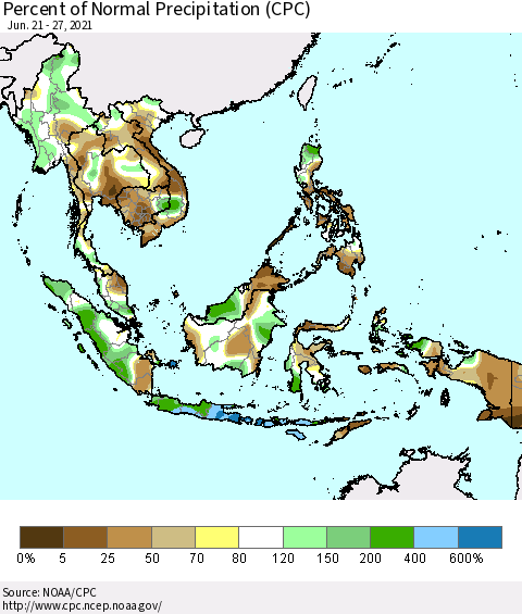 South East Asia Percent of Normal Precipitation (CPC) Thematic Map For 6/21/2021 - 6/27/2021