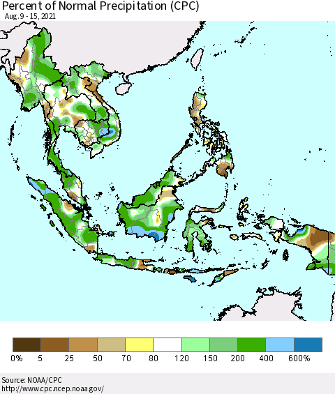 South East Asia Percent of Normal Precipitation (CPC) Thematic Map For 8/9/2021 - 8/15/2021