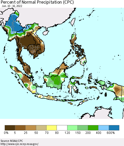 South East Asia Percent of Normal Precipitation (CPC) Thematic Map For 1/10/2022 - 1/16/2022