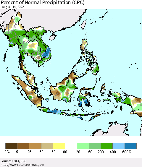 South East Asia Percent of Normal Precipitation (CPC) Thematic Map For 8/8/2022 - 8/14/2022