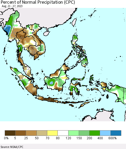 South East Asia Percent of Normal Precipitation (CPC) Thematic Map For 8/21/2023 - 8/27/2023