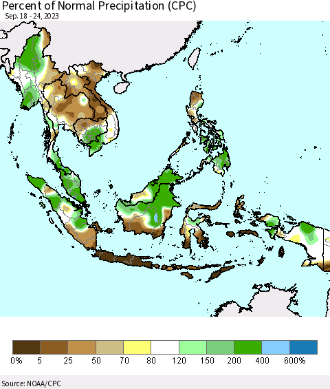 South East Asia Percent of Normal Precipitation (CPC) Thematic Map For 9/18/2023 - 9/24/2023
