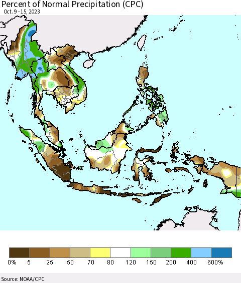 South East Asia Percent of Normal Precipitation (CPC) Thematic Map For 10/9/2023 - 10/15/2023