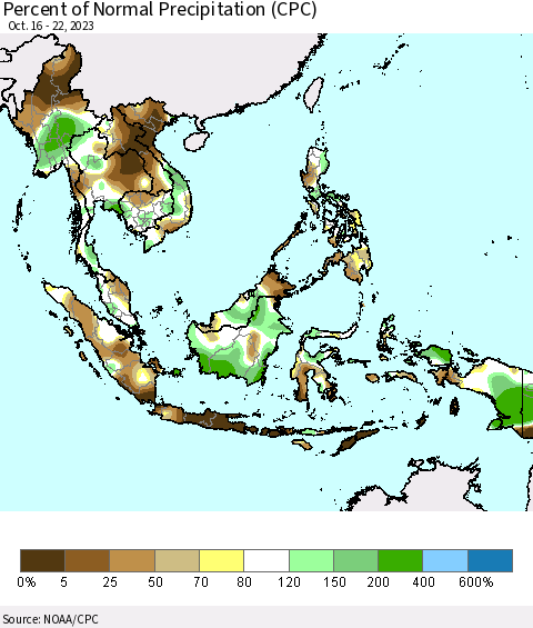 South East Asia Percent of Normal Precipitation (CPC) Thematic Map For 10/16/2023 - 10/22/2023