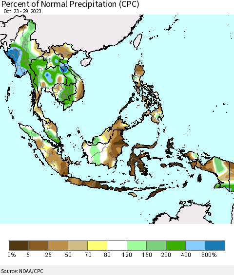 South East Asia Percent of Normal Precipitation (CPC) Thematic Map For 10/23/2023 - 10/29/2023