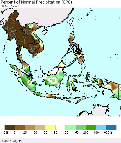 South East Asia Percent of Normal Precipitation (CPC) Thematic Map For 1/1/2024 - 1/7/2024