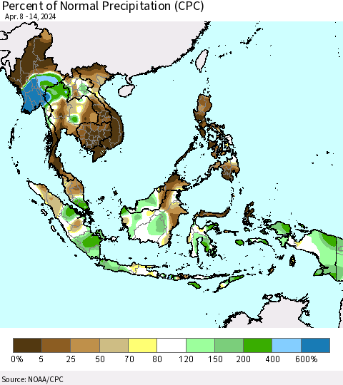 South East Asia Percent of Normal Precipitation (CPC) Thematic Map For 4/8/2024 - 4/14/2024