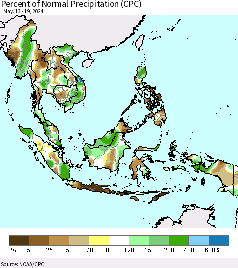 South East Asia Percent of Normal Precipitation (CPC) Thematic Map For 5/13/2024 - 5/19/2024