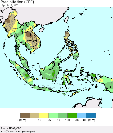 South East Asia Precipitation (CPC) Thematic Map For 4/5/2021 - 4/11/2021