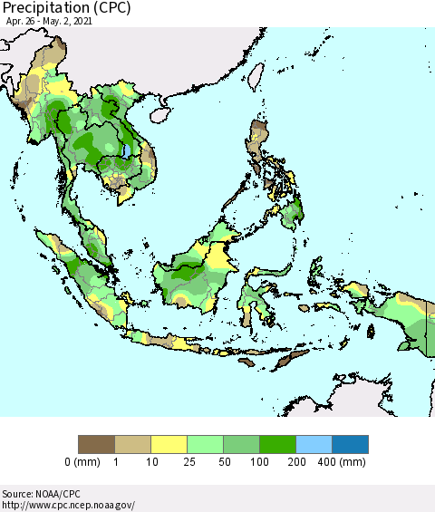 South East Asia Precipitation (CPC) Thematic Map For 4/26/2021 - 5/2/2021