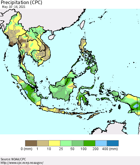 South East Asia Precipitation (CPC) Thematic Map For 5/10/2021 - 5/16/2021