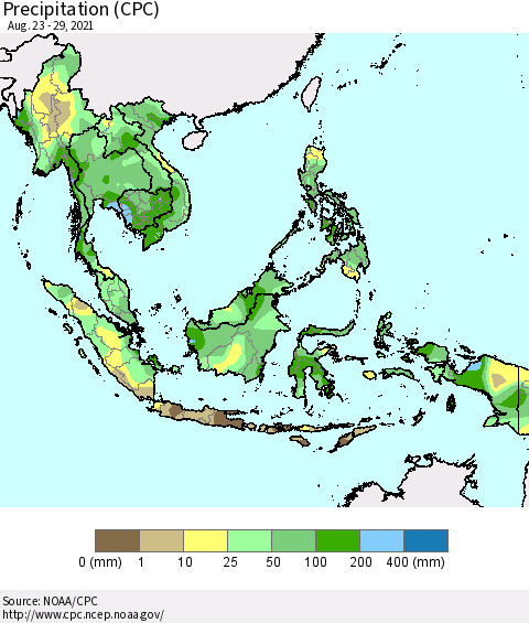 South East Asia Precipitation (CPC) Thematic Map For 8/23/2021 - 8/29/2021