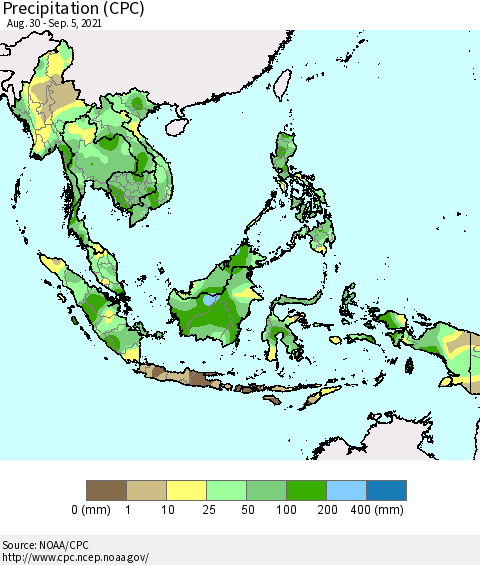 South East Asia Precipitation (CPC) Thematic Map For 8/30/2021 - 9/5/2021