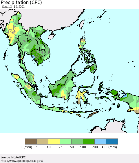 South East Asia Precipitation (CPC) Thematic Map For 9/13/2021 - 9/19/2021