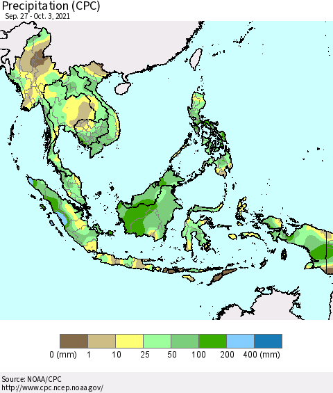 South East Asia Precipitation (CPC) Thematic Map For 9/27/2021 - 10/3/2021