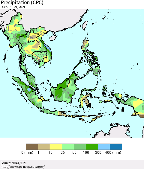 South East Asia Precipitation (CPC) Thematic Map For 10/18/2021 - 10/24/2021