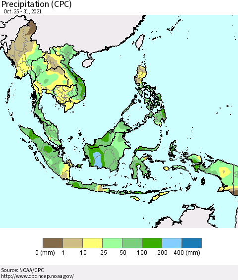South East Asia Precipitation (CPC) Thematic Map For 10/25/2021 - 10/31/2021