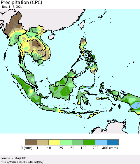 South East Asia Precipitation (CPC) Thematic Map For 11/1/2021 - 11/7/2021