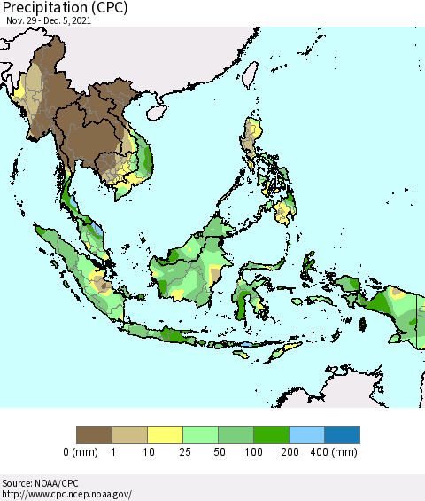 South East Asia Precipitation (CPC) Thematic Map For 11/29/2021 - 12/5/2021