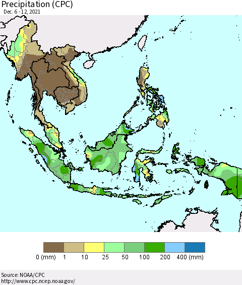 South East Asia Precipitation (CPC) Thematic Map For 12/6/2021 - 12/12/2021