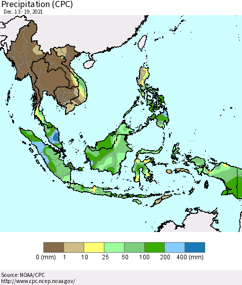 South East Asia Precipitation (CPC) Thematic Map For 12/13/2021 - 12/19/2021