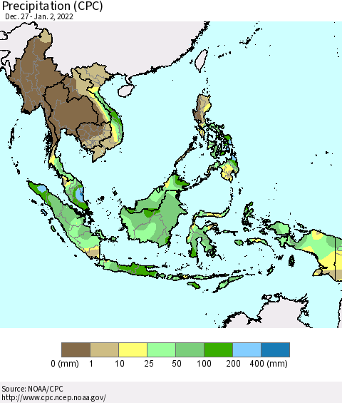 South East Asia Precipitation (CPC) Thematic Map For 12/27/2021 - 1/2/2022