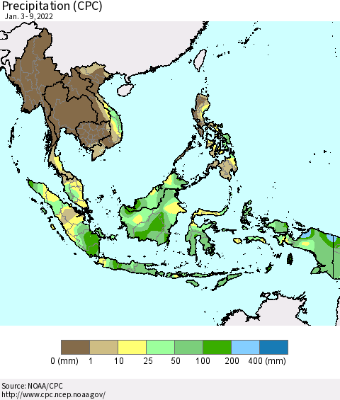 South East Asia Precipitation (CPC) Thematic Map For 1/3/2022 - 1/9/2022