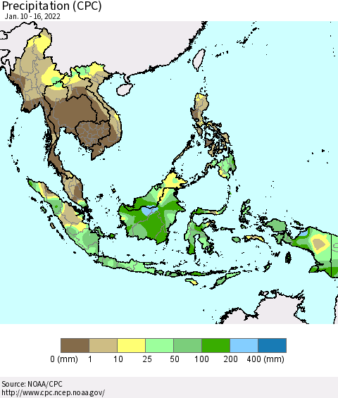 South East Asia Precipitation (CPC) Thematic Map For 1/10/2022 - 1/16/2022