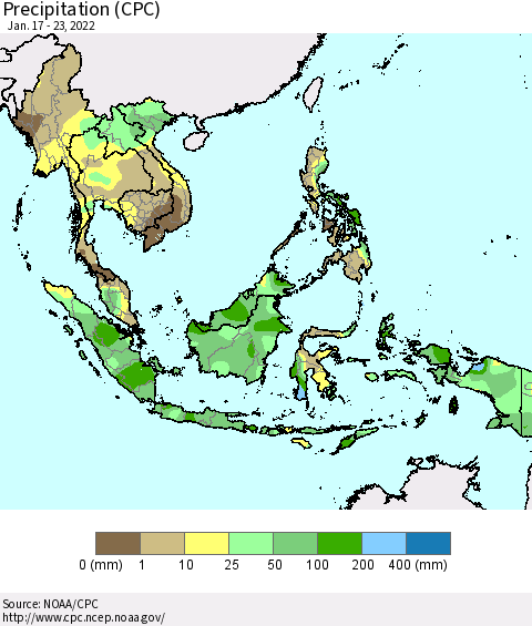 South East Asia Precipitation (CPC) Thematic Map For 1/17/2022 - 1/23/2022