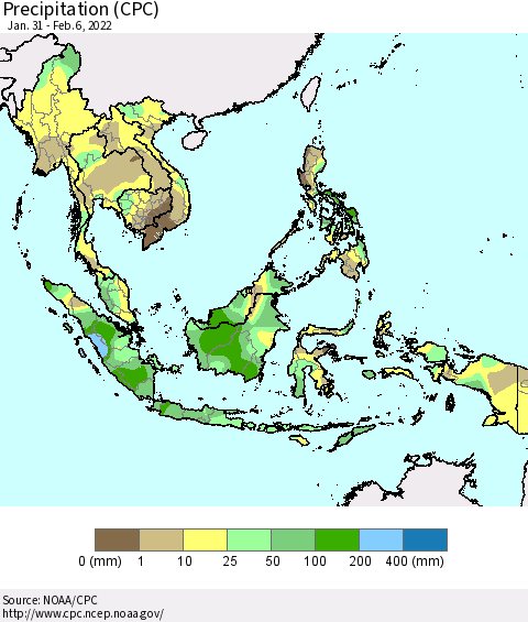South East Asia Precipitation (CPC) Thematic Map For 1/31/2022 - 2/6/2022