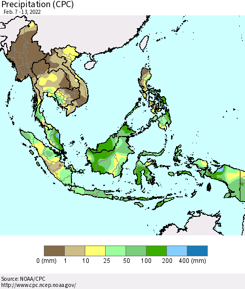 South East Asia Precipitation (CPC) Thematic Map For 2/7/2022 - 2/13/2022