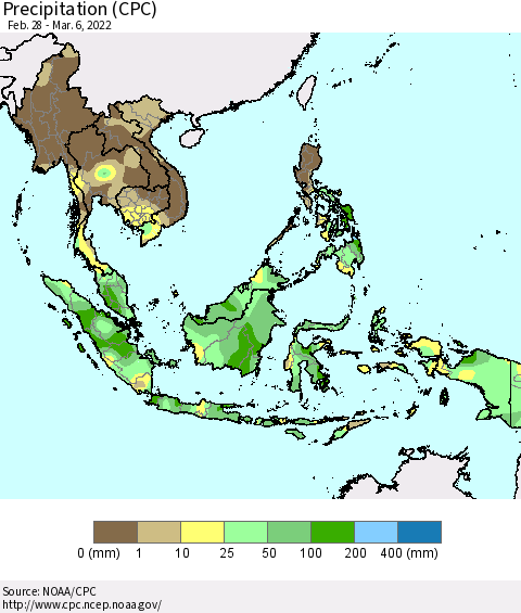 South East Asia Precipitation (CPC) Thematic Map For 2/28/2022 - 3/6/2022