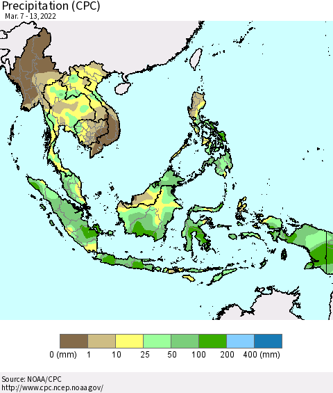 South East Asia Precipitation (CPC) Thematic Map For 3/7/2022 - 3/13/2022