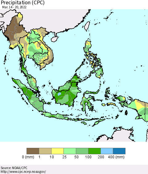 South East Asia Precipitation (CPC) Thematic Map For 3/14/2022 - 3/20/2022