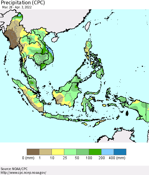 South East Asia Precipitation (CPC) Thematic Map For 3/28/2022 - 4/3/2022