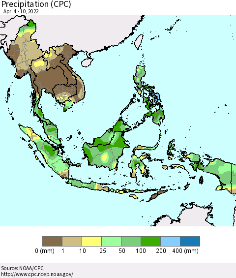 South East Asia Precipitation (CPC) Thematic Map For 4/4/2022 - 4/10/2022