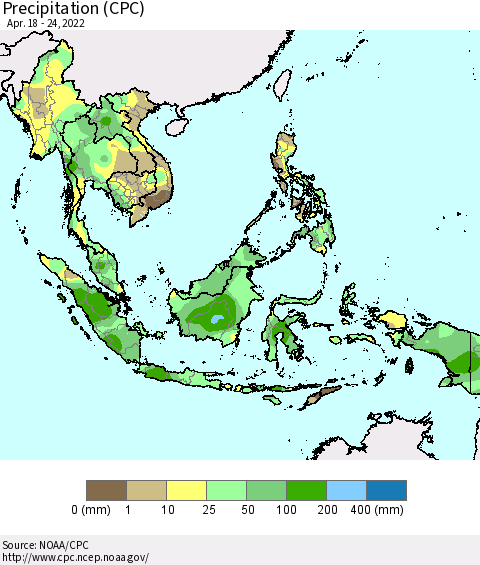 South East Asia Precipitation (CPC) Thematic Map For 4/18/2022 - 4/24/2022