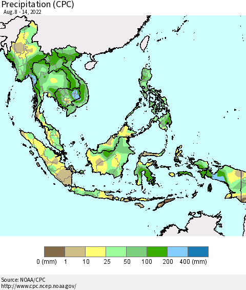 South East Asia Precipitation (CPC) Thematic Map For 8/8/2022 - 8/14/2022