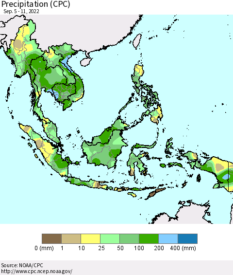 South East Asia Precipitation (CPC) Thematic Map For 9/5/2022 - 9/11/2022