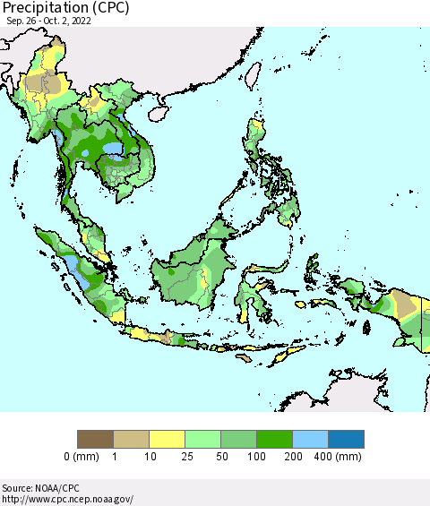 South East Asia Precipitation (CPC) Thematic Map For 9/26/2022 - 10/2/2022