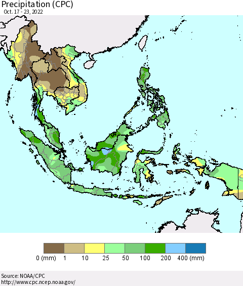 South East Asia Precipitation (CPC) Thematic Map For 10/17/2022 - 10/23/2022