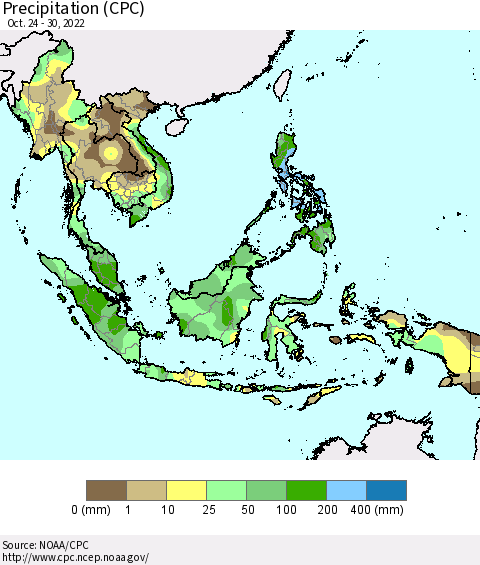 South East Asia Precipitation (CPC) Thematic Map For 10/24/2022 - 10/30/2022