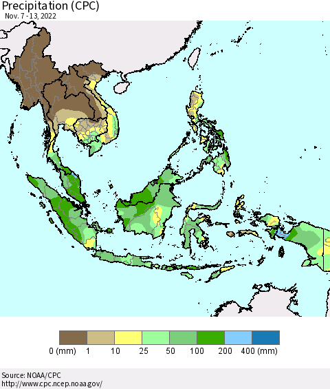South East Asia Precipitation (CPC) Thematic Map For 11/7/2022 - 11/13/2022