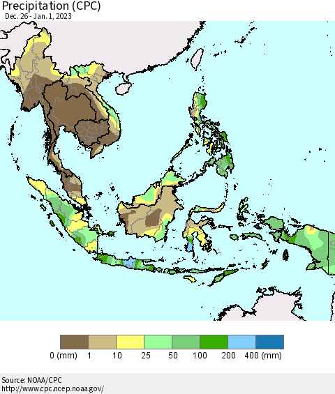 South East Asia Precipitation (CPC) Thematic Map For 12/26/2022 - 1/1/2023