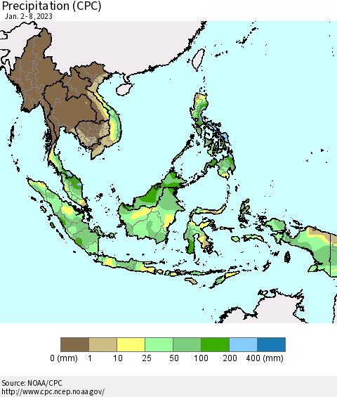South East Asia Precipitation (CPC) Thematic Map For 1/2/2023 - 1/8/2023