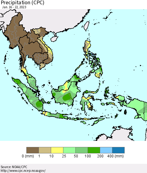 South East Asia Precipitation (CPC) Thematic Map For 1/16/2023 - 1/22/2023