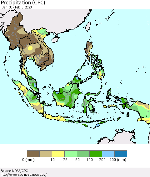 South East Asia Precipitation (CPC) Thematic Map For 1/30/2023 - 2/5/2023