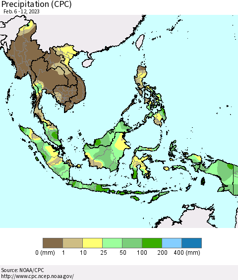 South East Asia Precipitation (CPC) Thematic Map For 2/6/2023 - 2/12/2023